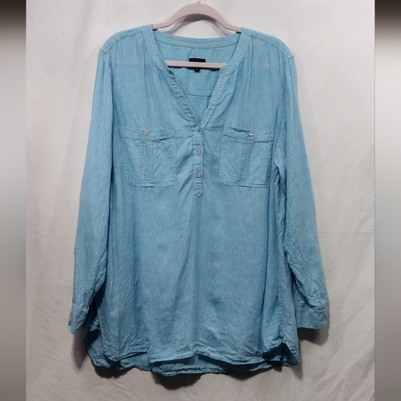 Talbots 100% Linen Tunic Top Women's 2XL Blue Long Sleeve Roll Tab Minimalist - Picture 2 of 9